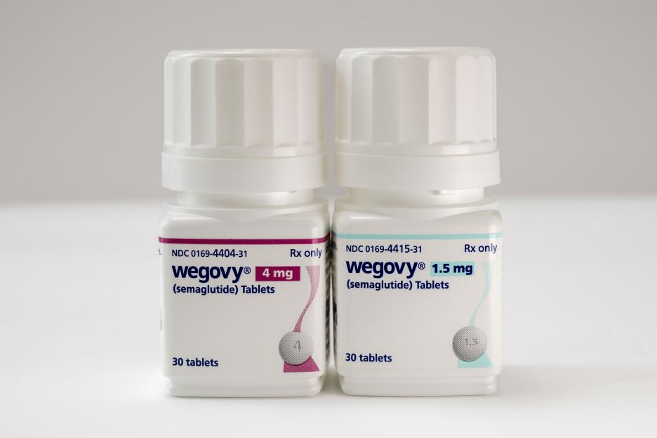 Photo Illustration of the new Wegovy 1.5 mg and 5 mg semaglutide tablets side by side.
