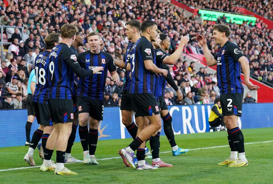 Southampton, UK. 13th May, 2026. Middlesbrough midfielder Riley McGree (8) scores a GOAL 0-1 and celebrates with his team during the Southampton v Middlesbrough EFL Sky Bet Championship Play-Off Semi-Final 2nd Leg match at St Mary's Stadium, Southamp