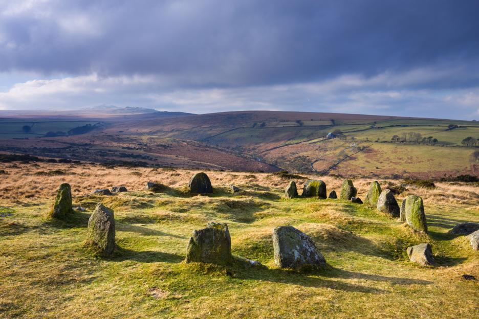 The Nine Maidens stone circle on Belstone Common in Northern Dartmoor.