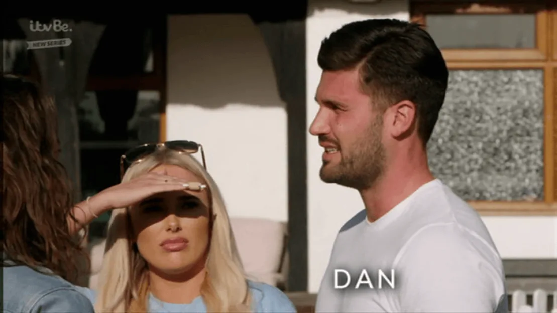Amber and Dan confront Pete Wicks, with Amber looking on.
