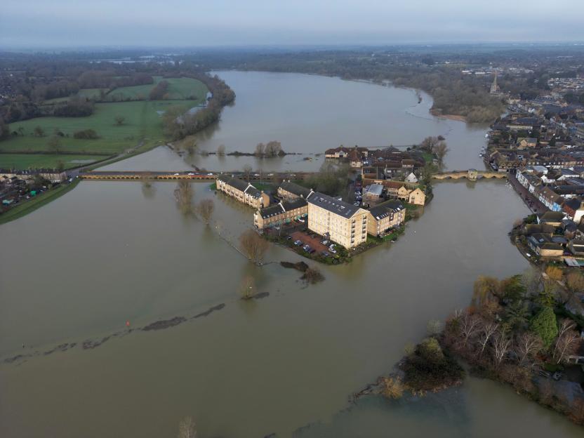 Aerial view of the Great Ouse river flooding the town of St. Ives, Cambridgeshire.