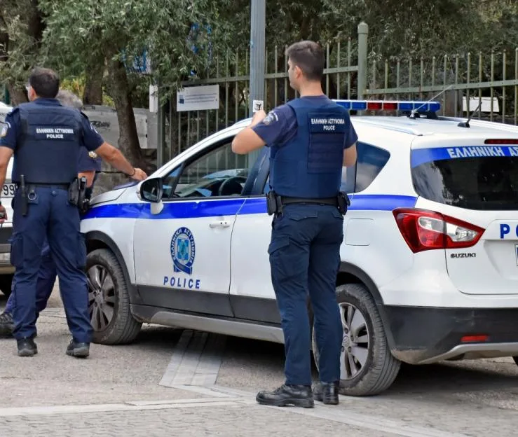 Greece Police Officers Standing Close Their Land Vehicle, Athens City, Europe