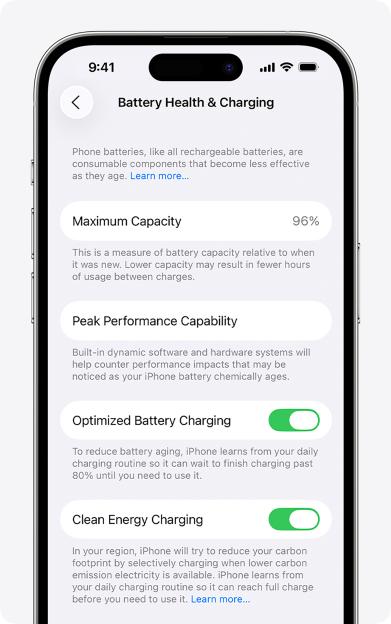 Illustration of an iPhone screen displaying battery health and charging settings, showing 96% maximum capacity and options for optimized and clean energy charging.