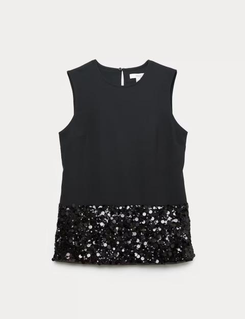 A black sleeveless top featuring a sequin panel at the bottom.
