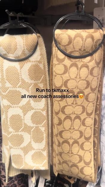 Two Coach branded scarves, one lighter tan and white, and one darker tan, hanging in a store.