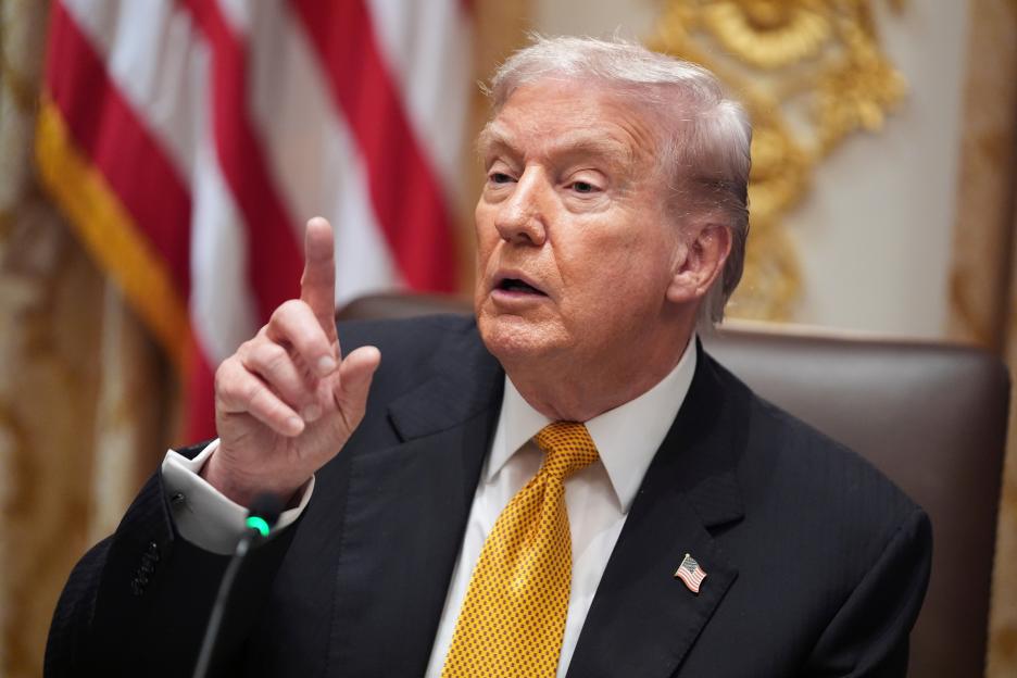 President Donald Trump speaking with reporters during a meeting with Hungary's Prime Minister Viktor Orban.