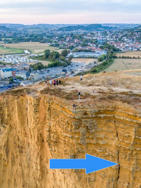 A photo of people on a cliff, with a young man sitting on the edge of the crumbling cliff face, and a blue arrow pointing to a large crack in the cliff.