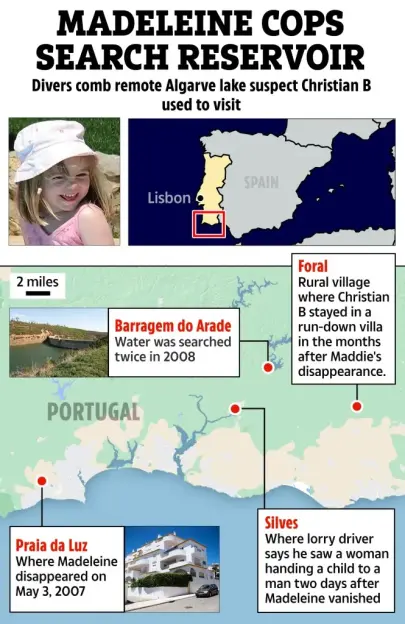 Collage of images and maps detailing the search for Madeleine McCann, including a photo of her, a map of Portugal and Spain, and locations of interest in the case.