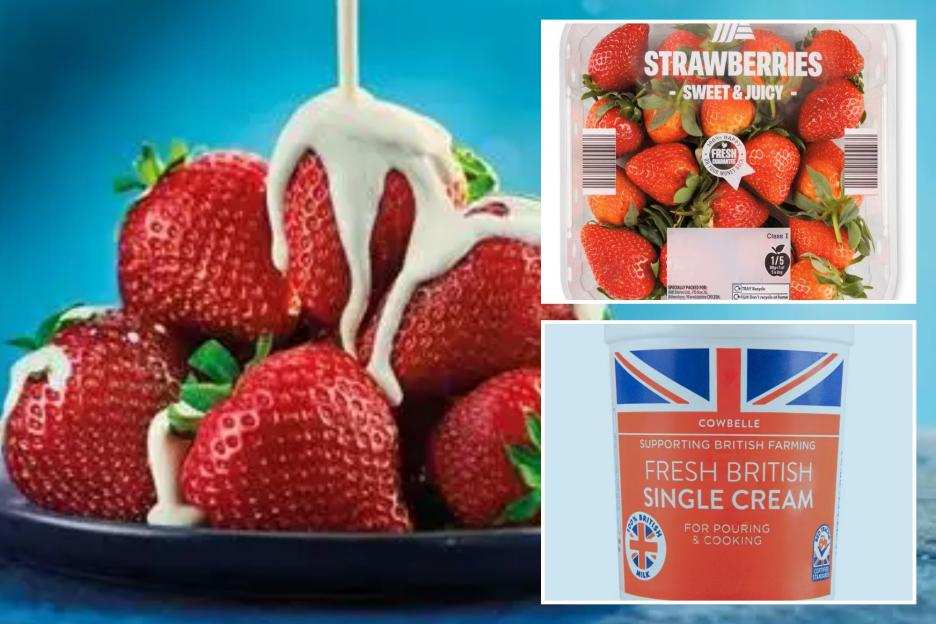 An image collage containing 3 images, Image 1 shows Strawberries being drizzled with cream on a blue plate, Image 2 shows A plastic container of Aldi strawberries labeled "Sweet & Juicy.", Image 3 shows Cowbelle Fresh British Single Cream container for pouring and cooking, featuring the Union Jack