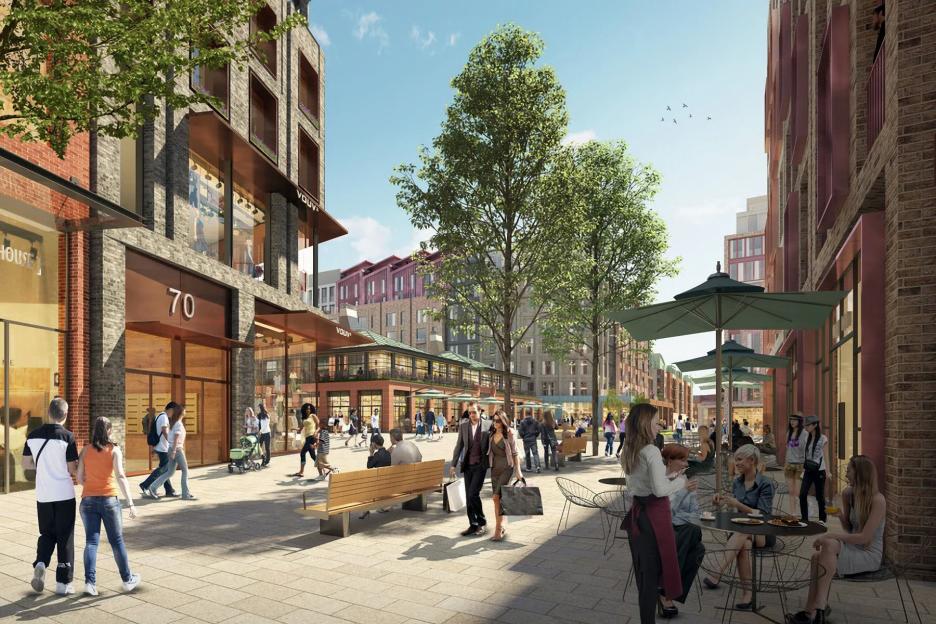 Illustration of people walking and sitting at outdoor cafes in a newly redeveloped city center.