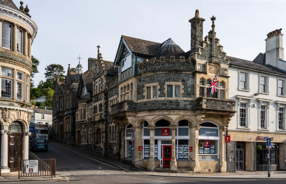 Traditional shops and Victorian houses line the main streets of Tavistock town centre in West Devon.
