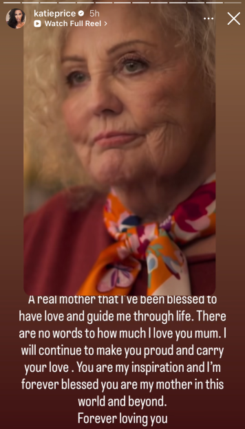 Katie Price's mother Amy in a video still, with text expressing love and calling her an inspiration.
