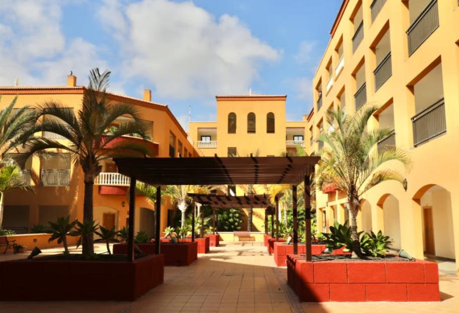 Courtyard of a resort with orange buildings, palm trees, and wooden pergolas.