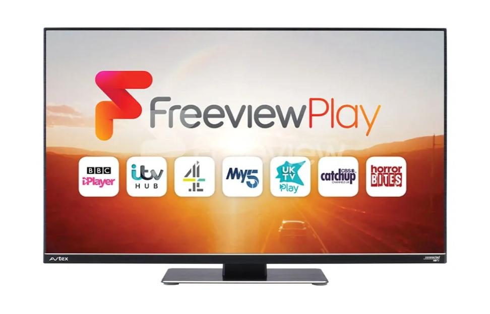 Avtex 21.5" Freeview Play Connected TV displaying the Freeview Play logo and other channel logos like BBC iPlayer and ITV Hub.