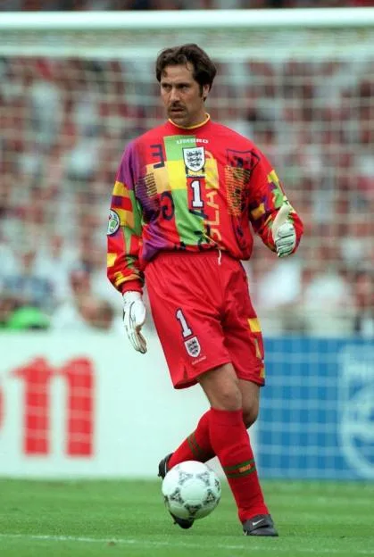 England goalkeeper David Seaman on the ball during a match at Wembley Stadium.
