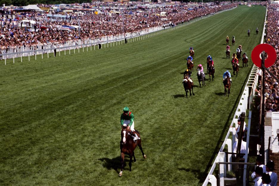 Shergar, with Walter Swinburn up, crossing the finish line far ahead of other horses at the Derby.