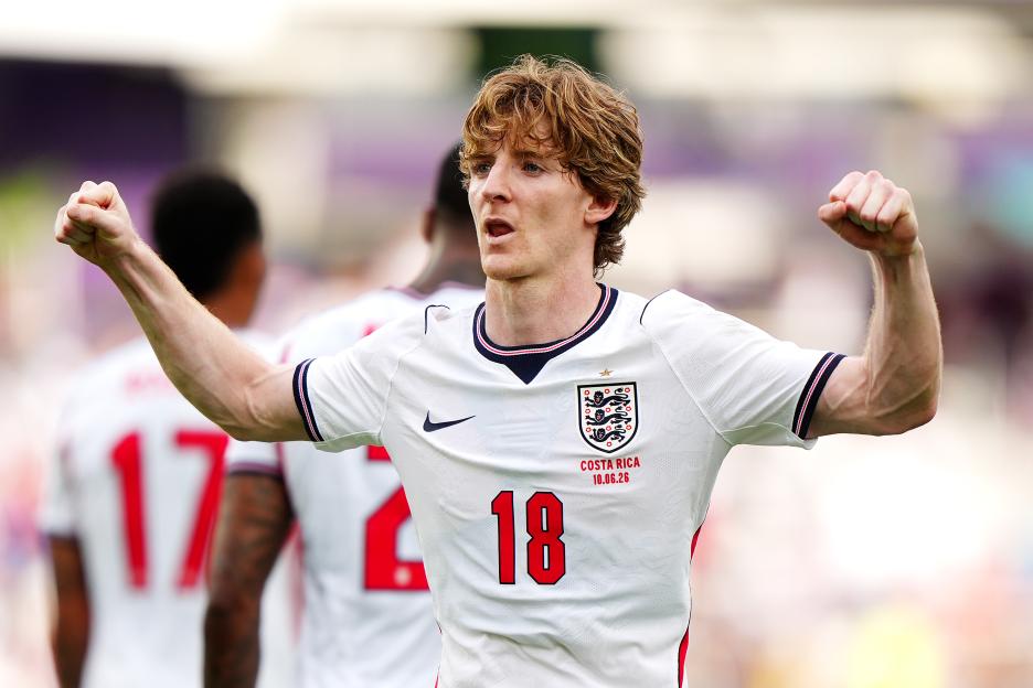 England's Anthony Gordon celebrates scoring their second goal against Costa Rica.