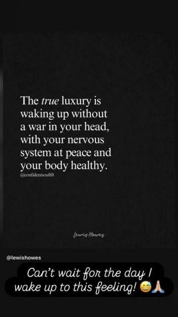 Text on a dark background reading, "The true luxury is waking up without a war in your head, with your nervous system at peace and your body healthy."