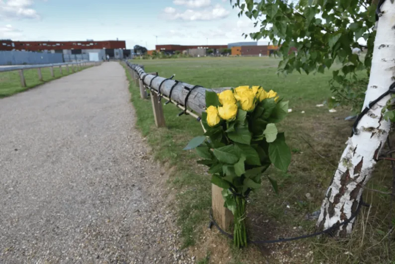 A bouquet of yellow roses tied to a wooden fence along a walking path.