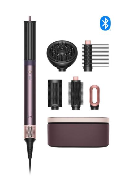 Illustration of a Dyson Airwrap multi-styler and its accessories with a Bluetooth logo.