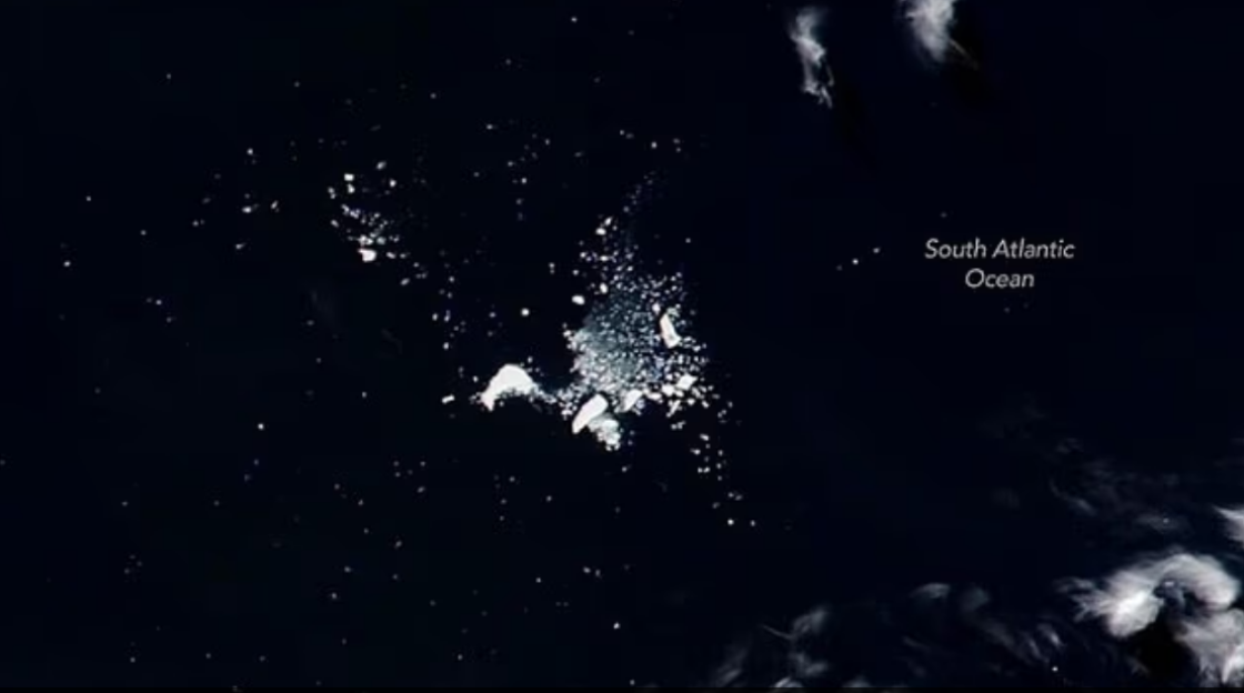 Satellite image of the crumbled remains of the A-23A iceberg in the South Atlantic Ocean.