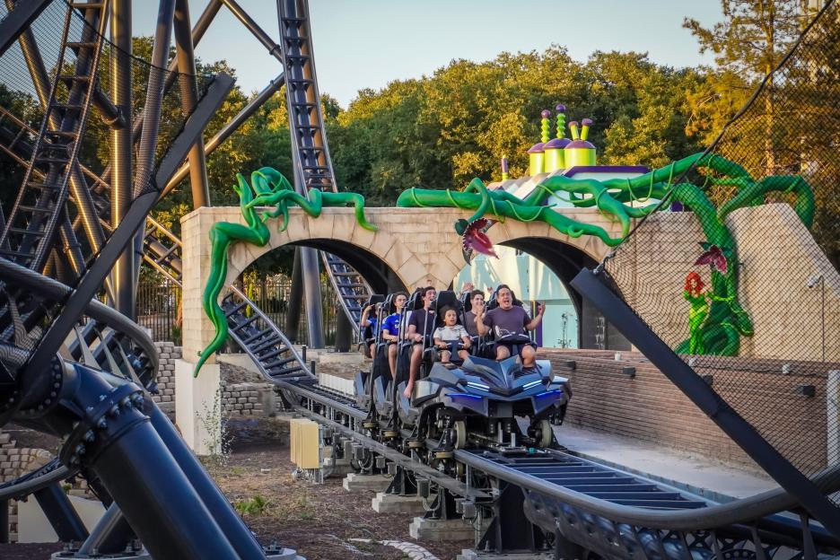 Thrill seekers on the Batman Gotham City Escape rollercoaster at Parque Warner in Madrid, Spain.