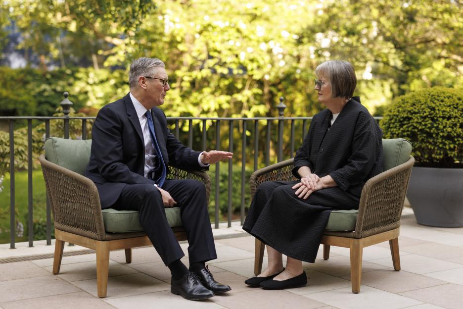 Prime Minister Keir Starmer talks with Harriet Harman, who he has appointed as the Prime Minister's Adviser on Women and Girls.