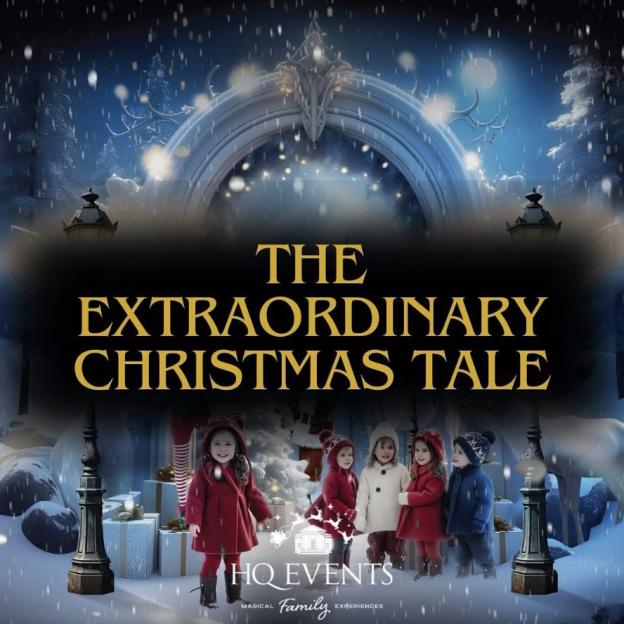Illustration of five children in winter clothing standing in a snowy Christmas wonderland under the title "The Extraordinary Christmas Tale."