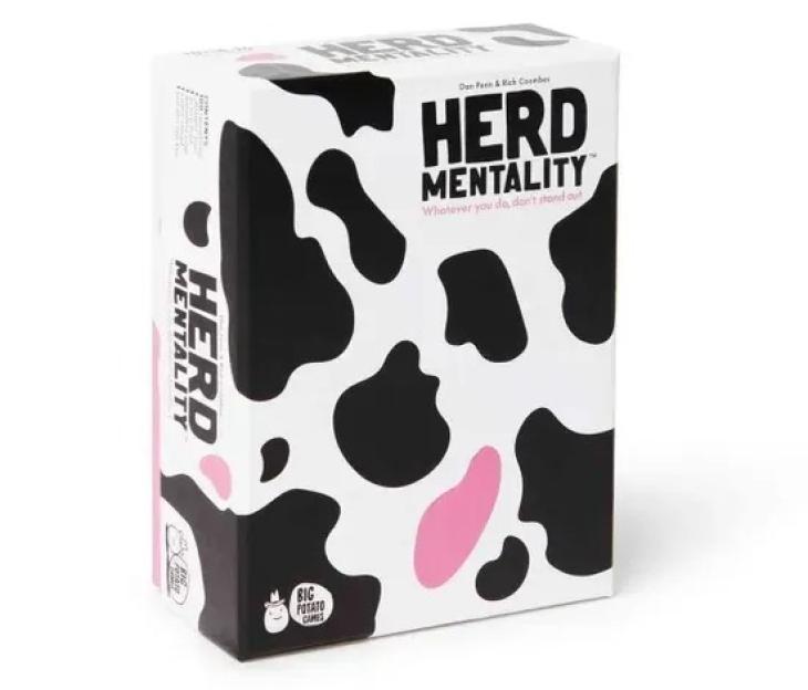 Herd Mentality game from Big Potato Games, with a black and white cowhide pattern and pink accents.