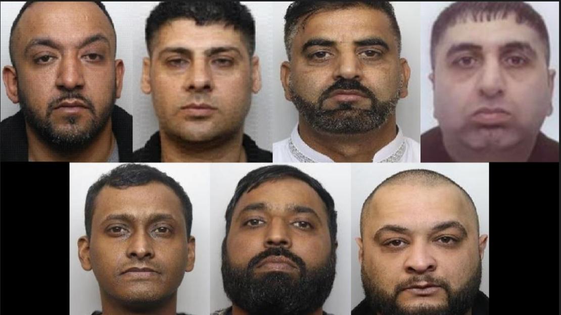 Collage of seven men, all with dark hair and facial hair, looking directly at the camera.