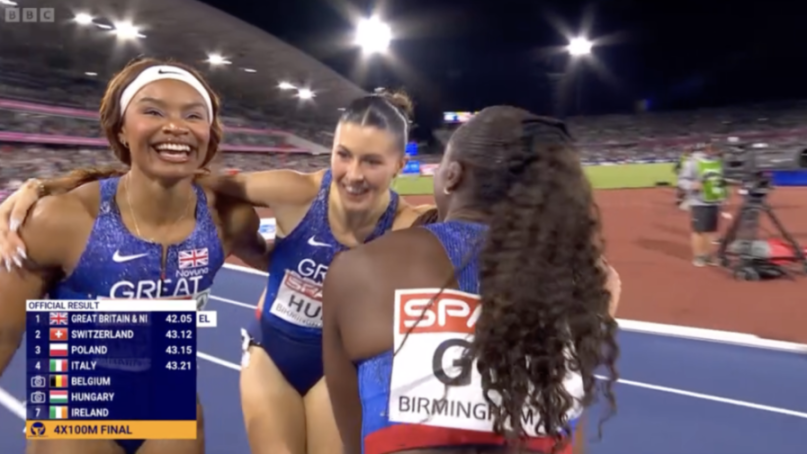 British 4x100m relay team celebrating their win.