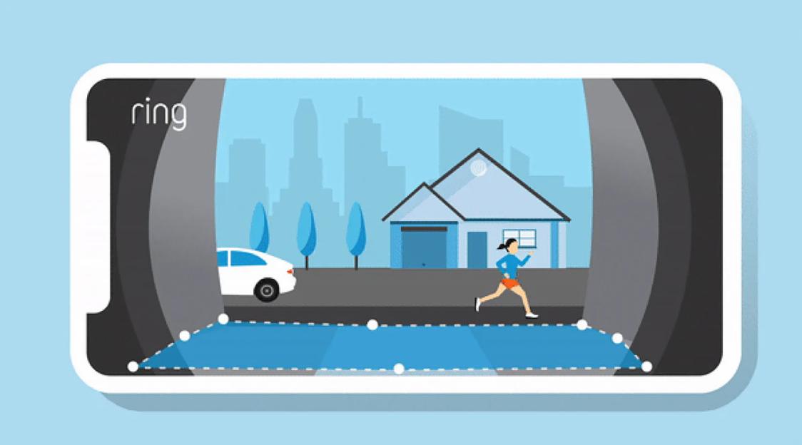 Illustration of Ring's motion detection zone feature shown on a smartphone screen.