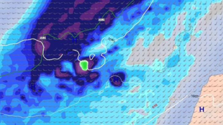 Weather map illustrating Storm Therese and a storm surge in Tenerife.