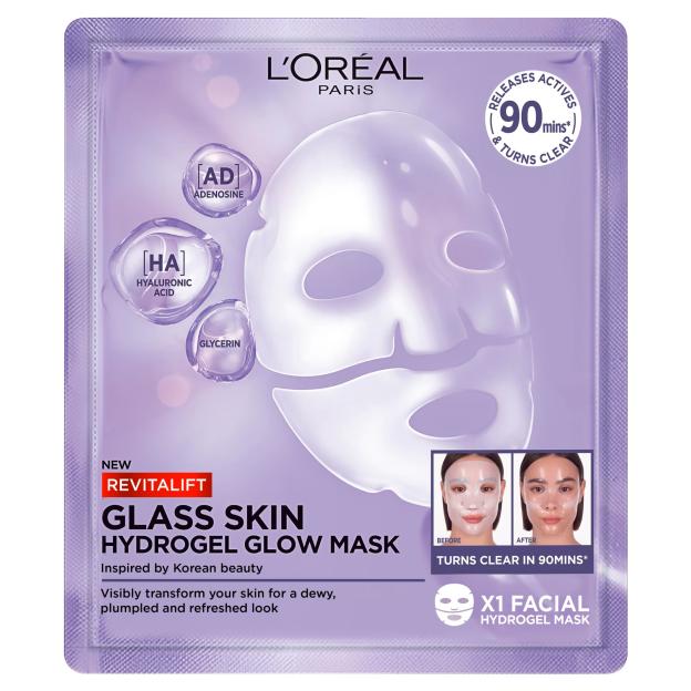 L'Oreal Paris Revitalift Glass Skin Hydrogel Glow Mask packaging with before and after images of a woman's face.