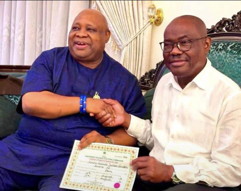 Adeleke Hands Wike His Certificate of Return in Osun Election Celebration