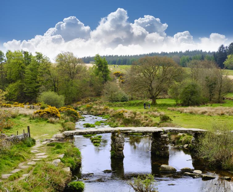 A clapper bridge made of large flat stones spans a river in Dartmoor National Park.