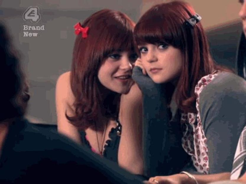Naomi and Emily from Skins kissing.