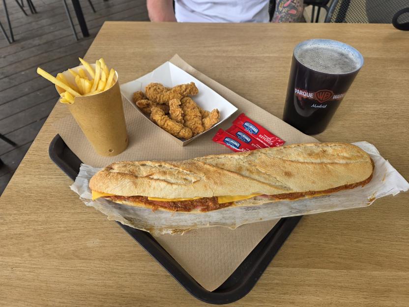 A tray with a pulled pork baguette, fries, chicken tenders, a drink in a Parque Warner Madrid cup, and Hellmann's ketchup packets.