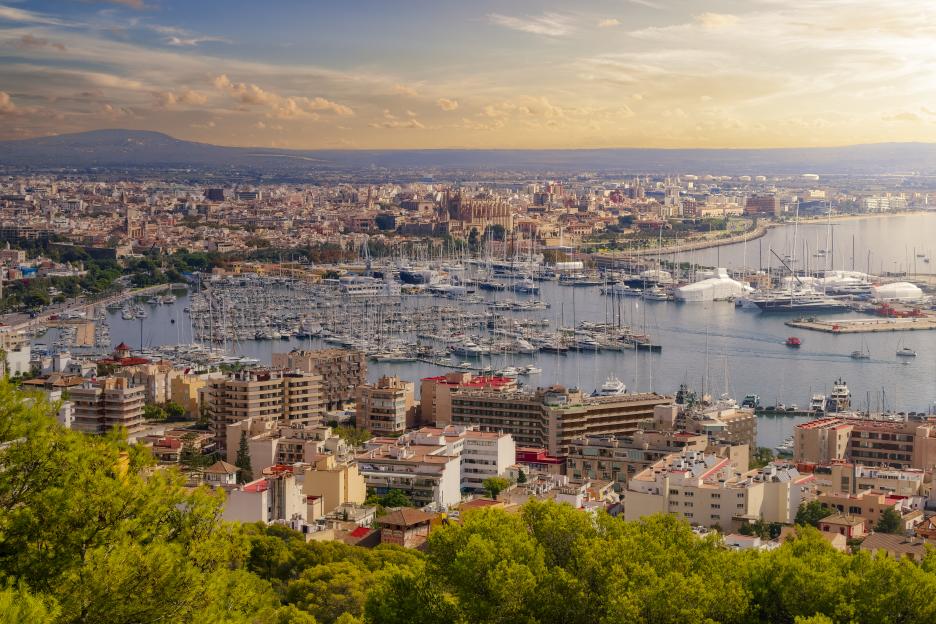 View of Bay of Palma de Mallorca with city skyline and Yacht harbor , seen from Bellver Castle - Balearic Islands , Spain