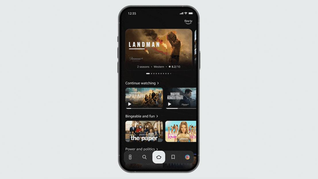 Illustration of an Amazon Fire TV mobile app interface with various TV shows and movies, including "Landman," "Bel-Air," and "Mayor of Kingstown."