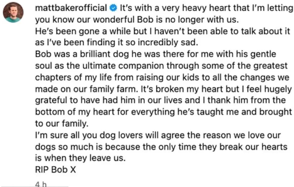 Matt Baker's Instagram post announcing the death of his dog, Bob.