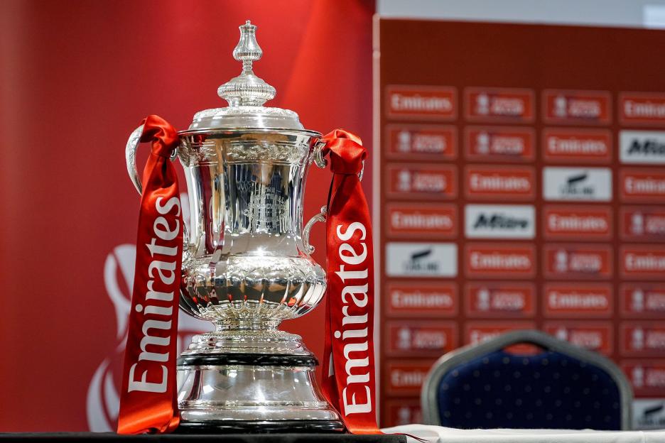 The Football Association Challenge Cup trophy with its travelling base during the pre-match press conference for the FA Cup Fifth round match Mansfield v Arsenal to be played at One Call Stadium, Mansfield, United Kingdom on 07 March 2026 (Photo by M
