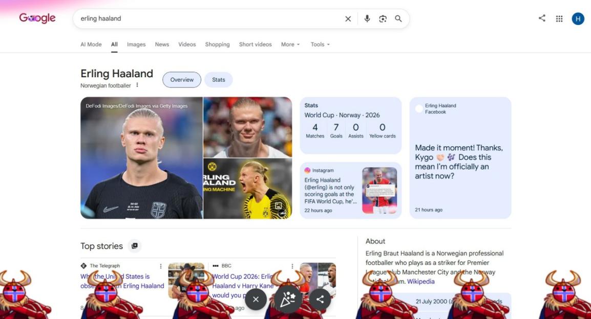Google search results page for Erling Haaland.