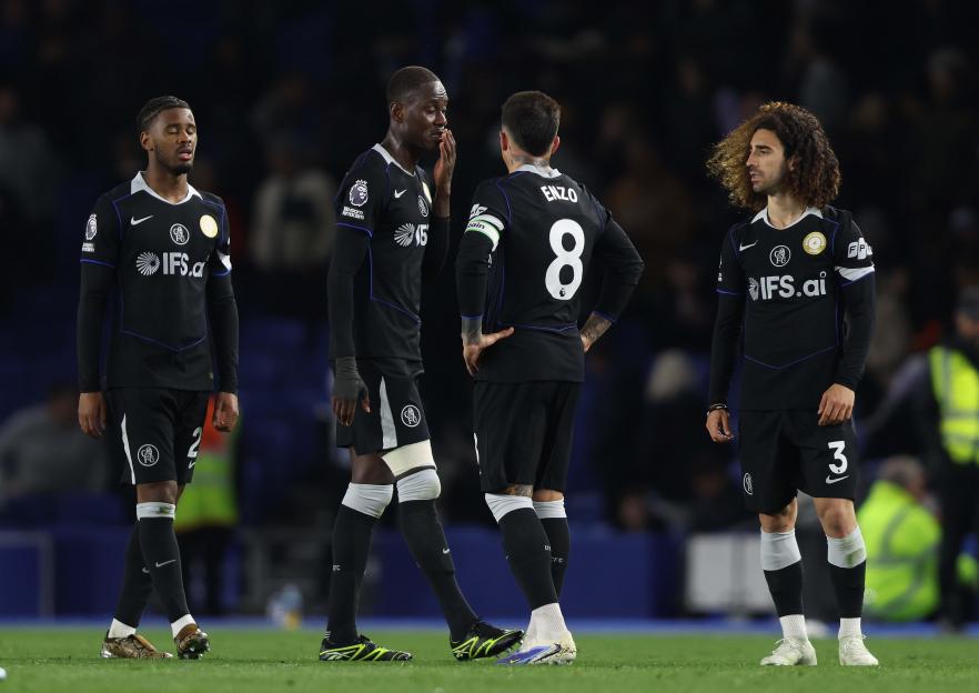 Brighton, UK. 21st Apr, 2026. BRIGHTON, ENGLAND, APRIL 21: Jorrel Hato, Trevoh Chalobah, Enzo Fernandez & Marc Cucurella of Chelsea looks disappointed & dejected as they walk off the pitch at half time during the Premier League match between Brighton