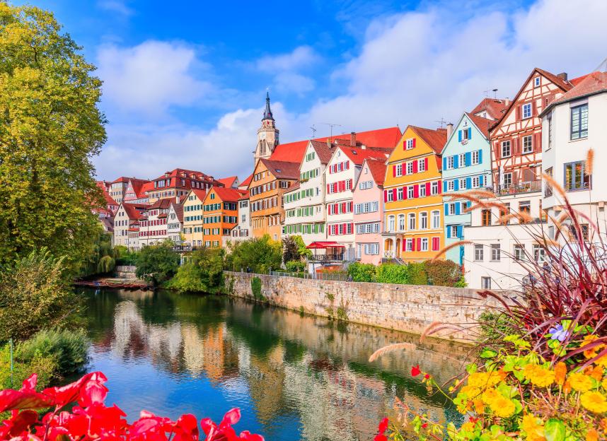 Colorful old town buildings along the Neckar River in Tubingen, Germany.