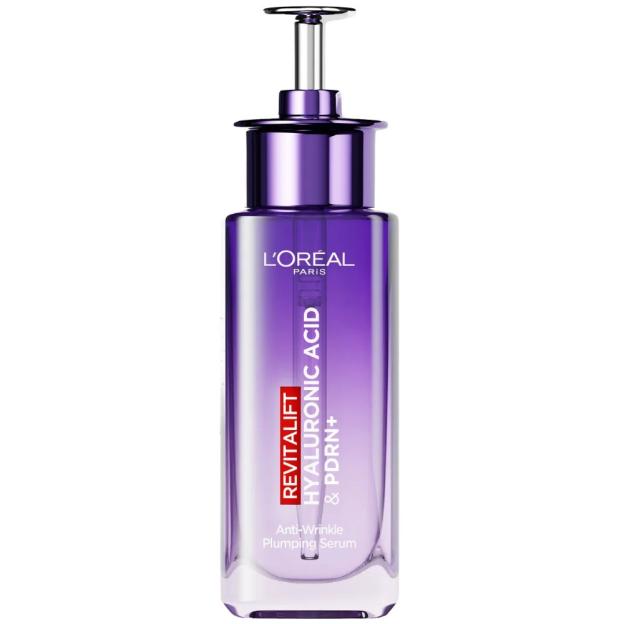 L'Oréal Paris Revitalift Hyaluronic Acid & PDRN+ Anti-Wrinkle Plumping Serum in a purple bottle with a pump.