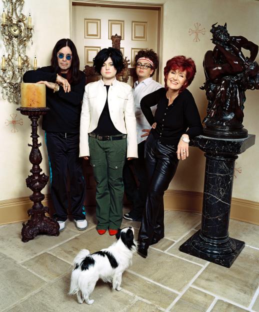 The Osbournes, Ozzy, Kelly, Jack, and Sharon, with their dog.