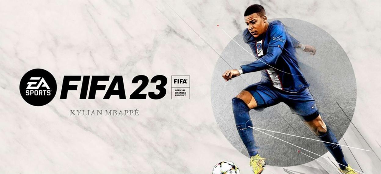 Illustration of soccer player Kylian Mbappé on the FIFA 23 video game cover.