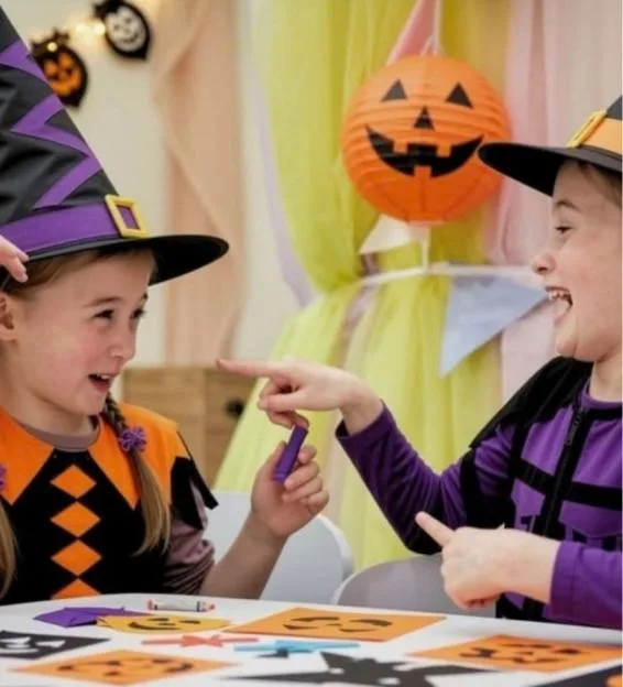 Two children in witch costumes laugh and craft together at a table decorated for Halloween.