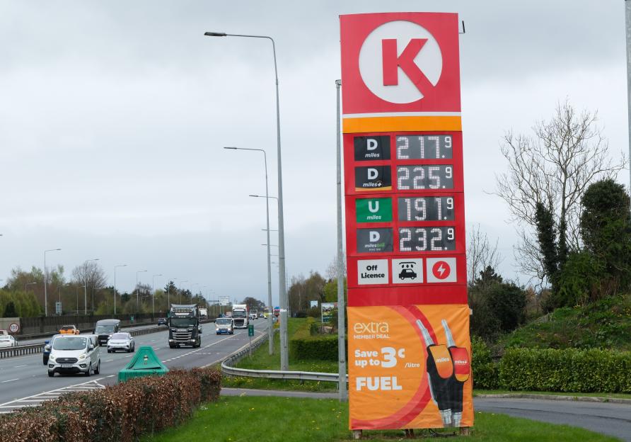 A Circle K sign displaying high fuel prices on the N7 near Naas, Ireland.